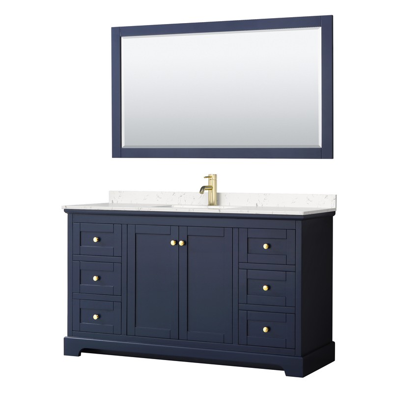 WYNDHAM COLLECTION WCV232360SBLC2UNSM58 AVERY 60 INCH SINGLE BATHROOM VANITY IN DARK BLUE WITH LIGHT-VEIN CARRARA CULTURED MARBLE COUNTERTOP, UNDERMOUNT SQUARE SINK AND 58 INCH MIRROR