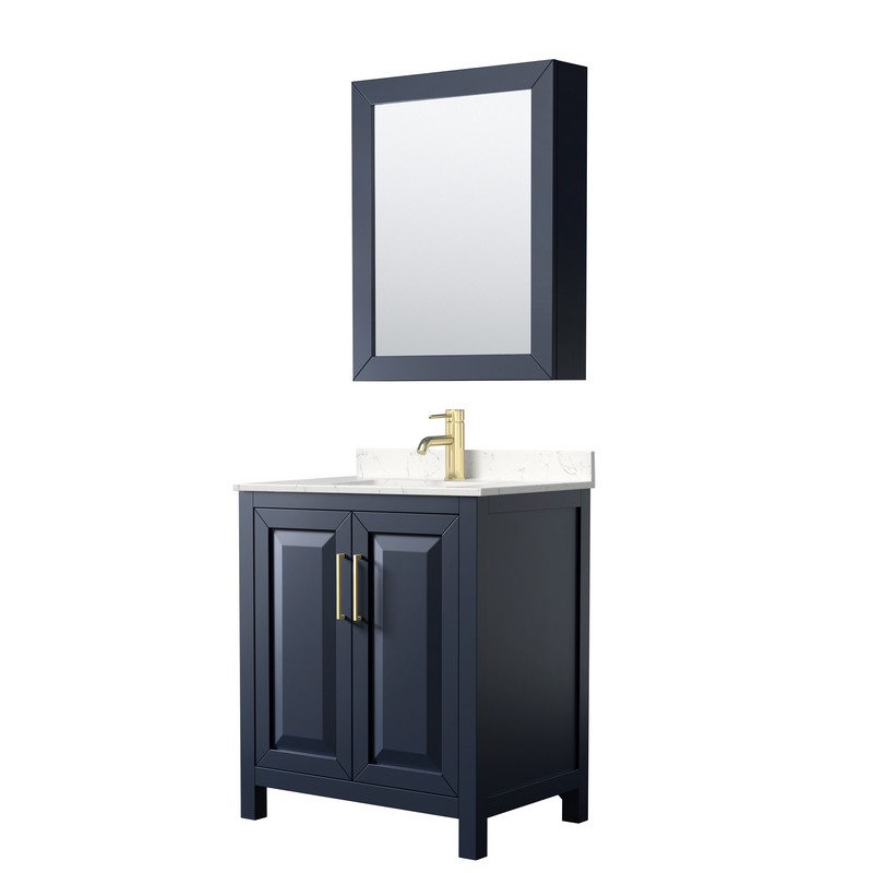 WYNDHAM COLLECTION WCV252530SBLC2UNSMED DARIA 30 INCH SINGLE BATHROOM VANITY IN DARK BLUE WITH LIGHT-VEIN CARRARA CULTURED MARBLE COUNTERTOP, UNDERMOUNT SQUARE SINK AND MEDICINE CABINET