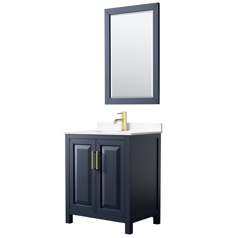 WYNDHAM COLLECTION WCV252530SBLWCUNSM24 DARIA 30 INCH SINGLE BATHROOM VANITY IN DARK BLUE WITH WHITE CULTURED MARBLE COUNTERTOP, UNDERMOUNT SQUARE SINK AND 24 INCH MIRROR