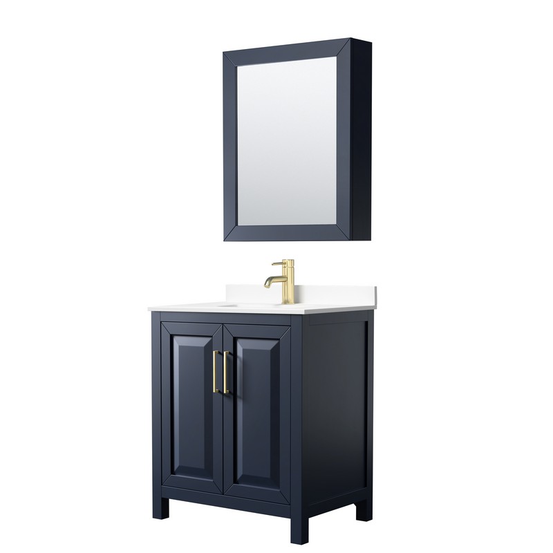 WYNDHAM COLLECTION WCV252530SBLWCUNSMED DARIA 30 INCH SINGLE BATHROOM VANITY IN DARK BLUE WITH WHITE CULTURED MARBLE COUNTERTOP, UNDERMOUNT SQUARE SINK AND MEDICINE CABINET