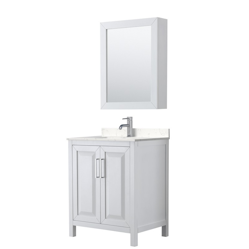WYNDHAM COLLECTION WCV252530SWHC2UNSMED DARIA 30 INCH SINGLE BATHROOM VANITY IN WHITE WITH LIGHT-VEIN CARRARA CULTURED MARBLE COUNTERTOP, UNDERMOUNT SQUARE SINK AND MEDICINE CABINET