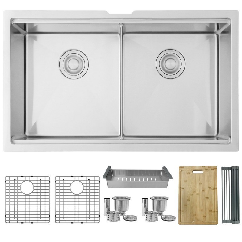 STYLISH S-601W 32 INCH DOUBLE BASIN UNDERMOUNT STAINLESS STEEL WORKSTATION KITCHEN SINK WITH CUTTING BOARD, GRIDS, STRAINERS AND COLANDER