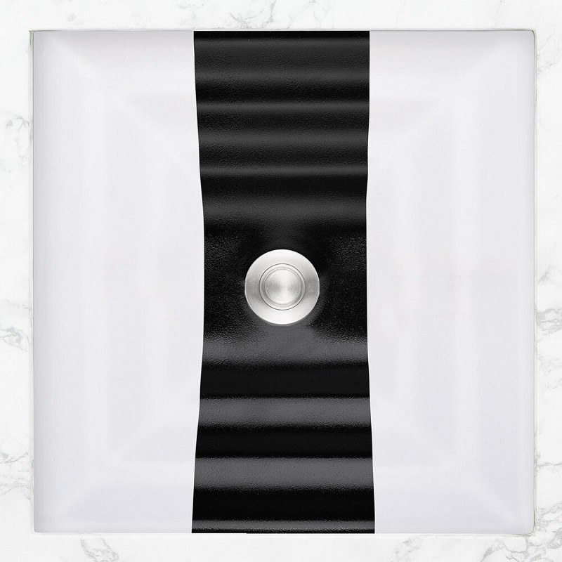 LINKASINK AG12E-01 GLASS BUBBLES 16.5 INCH ARTISAN GLASS UNDERMOUNT SMALL SQAURE BATHROOM SINK IN WHITE WITH BLACK RIBBON