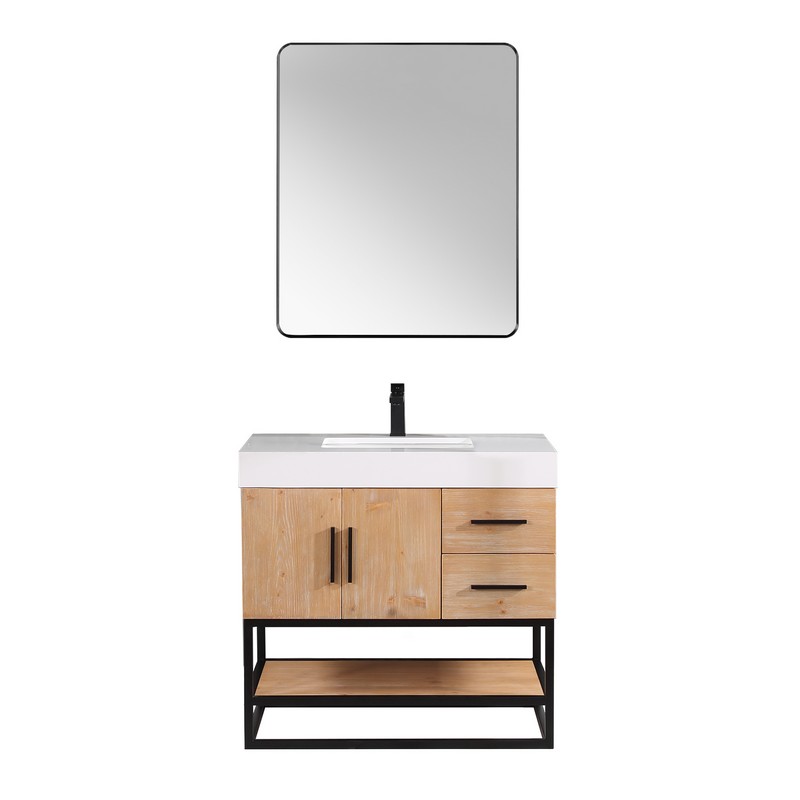 ALTAIR 552036-LB-WH BIANCO 35 5/8 INCH SINGLE BATHROOM VANITY IN LIGHT BROWN WITH WHITE COMPOSITE STONE COUNTERTOP AND MIRROR