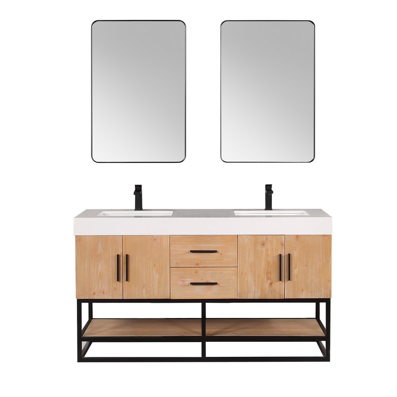 ALTAIR 552060-LB-WH BIANCO 59 5/8 INCH DOUBLE BATHROOM VANITY IN LIGHT BROWN WITH WHITE COMPOSITE STONE COUNTERTOP AND MIRROR