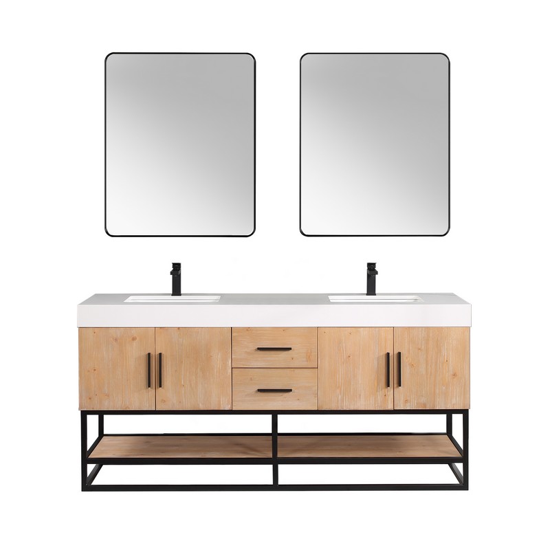 ALTAIR 552072-LB-WH BIANCO 71 5/8 INCH DOUBLE BATHROOM VANITY IN LIGHT BROWN WITH WHITE COMPOSITE STONE COUNTERTOP AND MIRROR