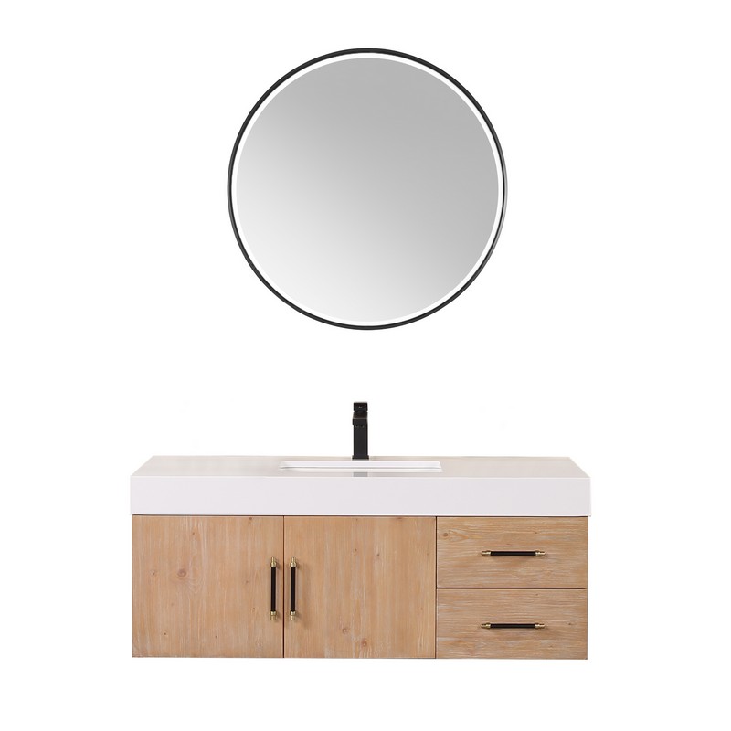 ALTAIR 553048-LB-WH CORCHIA 47 5/8 INCH WALL-MOUNTED SINGLE BATHROOM VANITY IN LIGHT BROWN WITH WHITE COMPOSITE STONE COUNTERTOP AND MIRROR
