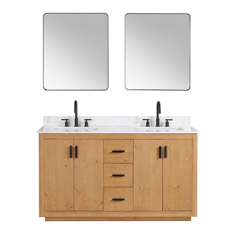 ALTAIR 556060-NW-GW PERLA 59 1/4 INCH DOUBLE BATHROOM VANITY IN NATURAL WOOD WITH GRAIN WHITE COMPOSITE STONE COUNTERTOP AND MIRROR