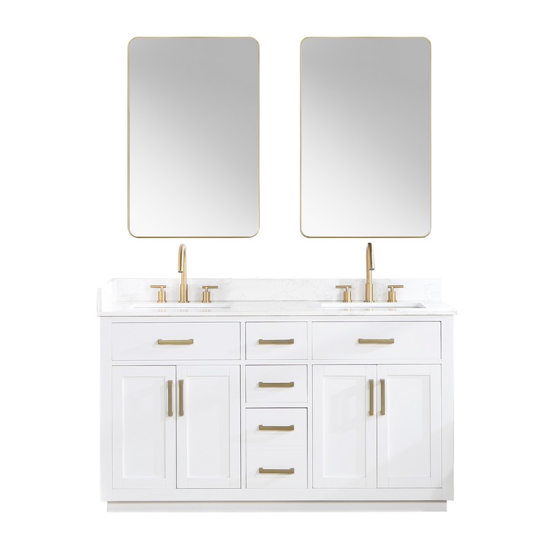 ALTAIR 557060-GW GAVINO 59 1/4 INCH DOUBLE BATHROOM VANITY WITH WHITE COMPOSITE STONE COUNTERTOP AND MIRROR