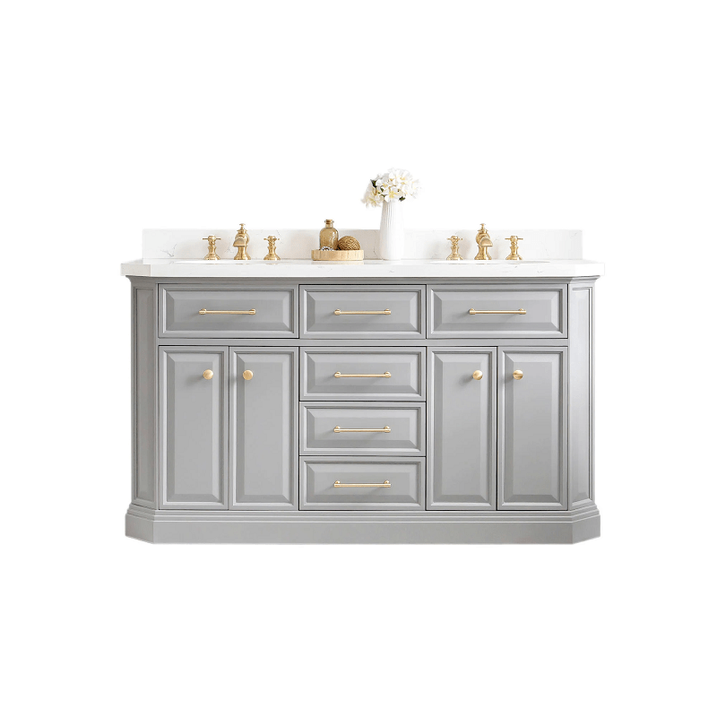 WATER-CREATION PA60QZ06CG-000000000 PALACE 60 INCH BATHROOM VANITY IN CASHMERE GREY WITH QUARTZ COUNTERTOP AND GOLD HARDWARE