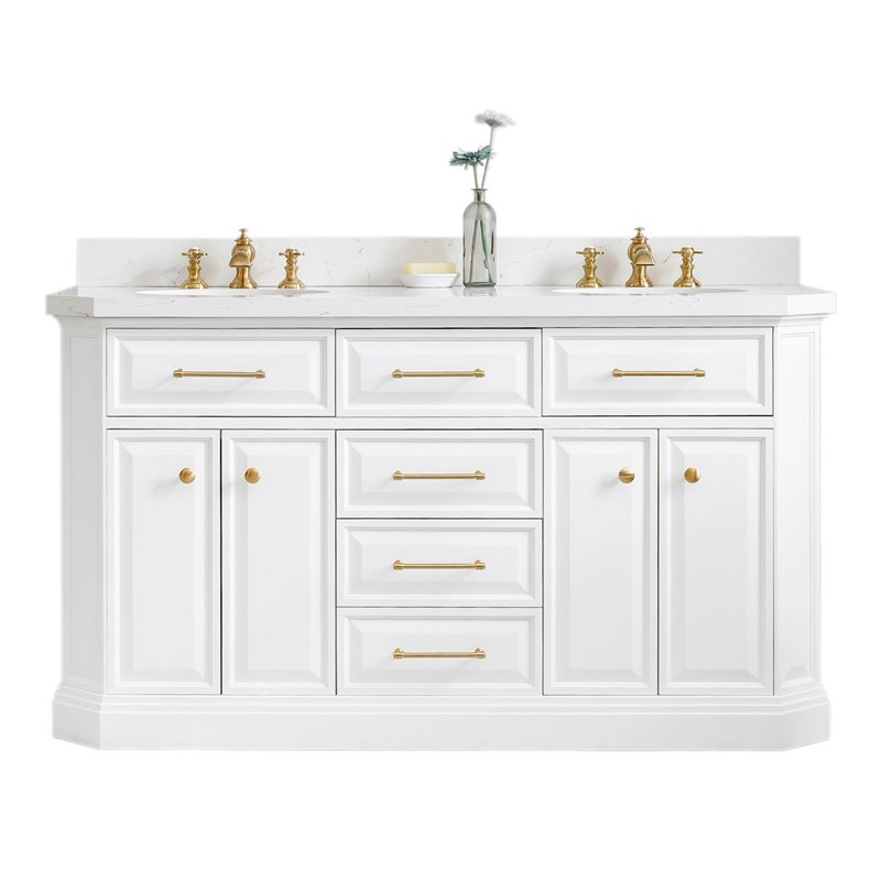 WATER-CREATION PA60QZ06PW-000000000 PALACE 60 INCH BATHROOM VANITY IN WHITE WITH QUARTZ COUNTERTOP AND GOLD HARDWARE