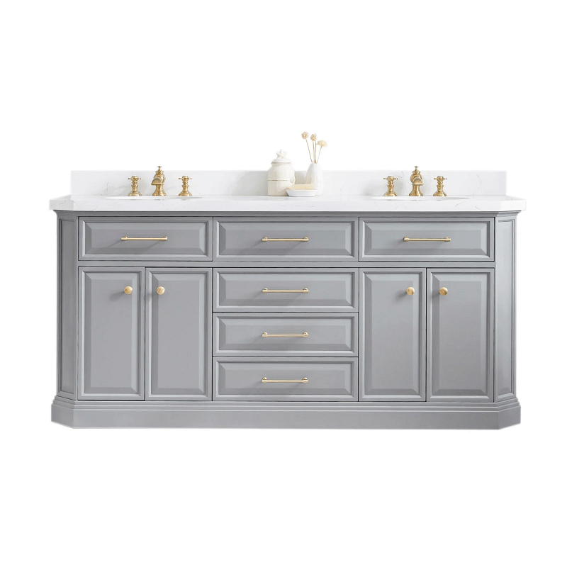WATER-CREATION PA72QZ06CG-000000000 PALACE 72 INCH BATHROOM VANITY IN CASHMERE GREY WITH QUARTZ COUNTERTOP AND GOLD HARDWARE