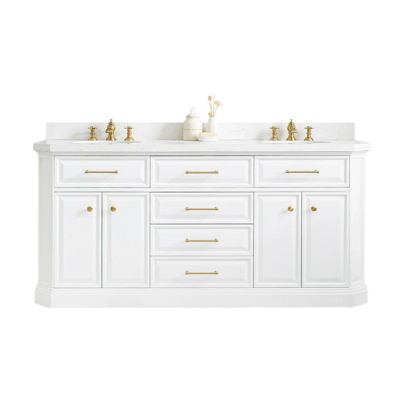 WATER-CREATION PA72QZ06PW-000000000 PALACE 72 INCH BATHROOM VANITY IN WHITE WITH QUARTZ COUNTERTOP AND GOLD HARDWARE