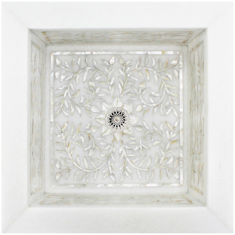 LINKASINK MI14 W FLORAL MOTHER OF PEARL INLAY 17.5 INCH SQUARE MARBLE DROP IN BATHROOM SINK