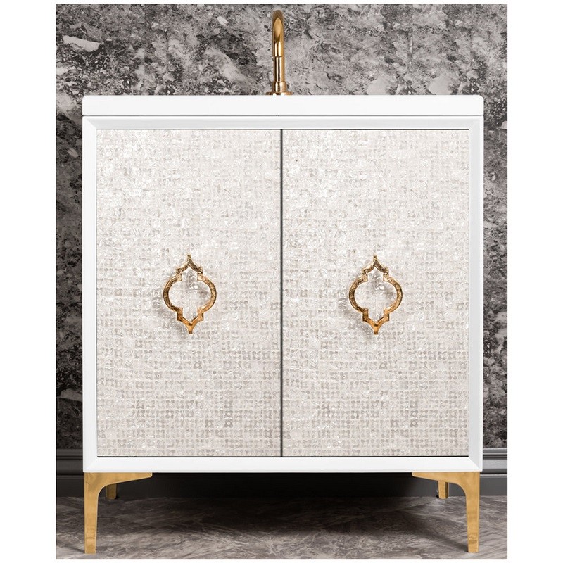 LINKASINK VAN30W-004 30 INCH BATHROOM VANITY WITH MATHER OF PEARL WITH ARABESQUE DECORATION IN WHITE