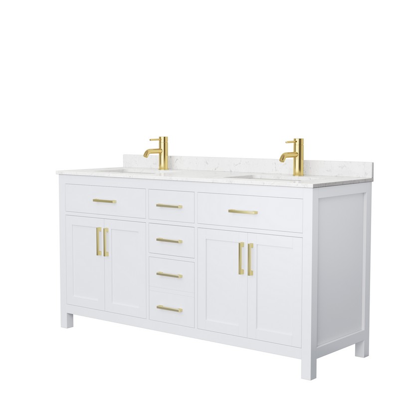 WYNDHAM COLLECTION WCG242466DWGCCUNSMXX BECKETT 66 INCH DOUBLE BATHROOM VANITY IN WHITE WITH CARRARA CULTURED MARBLE COUNTERTOP, UNDERMOUNT SQUARE SINKS AND BRUSHED GOLD TRIM