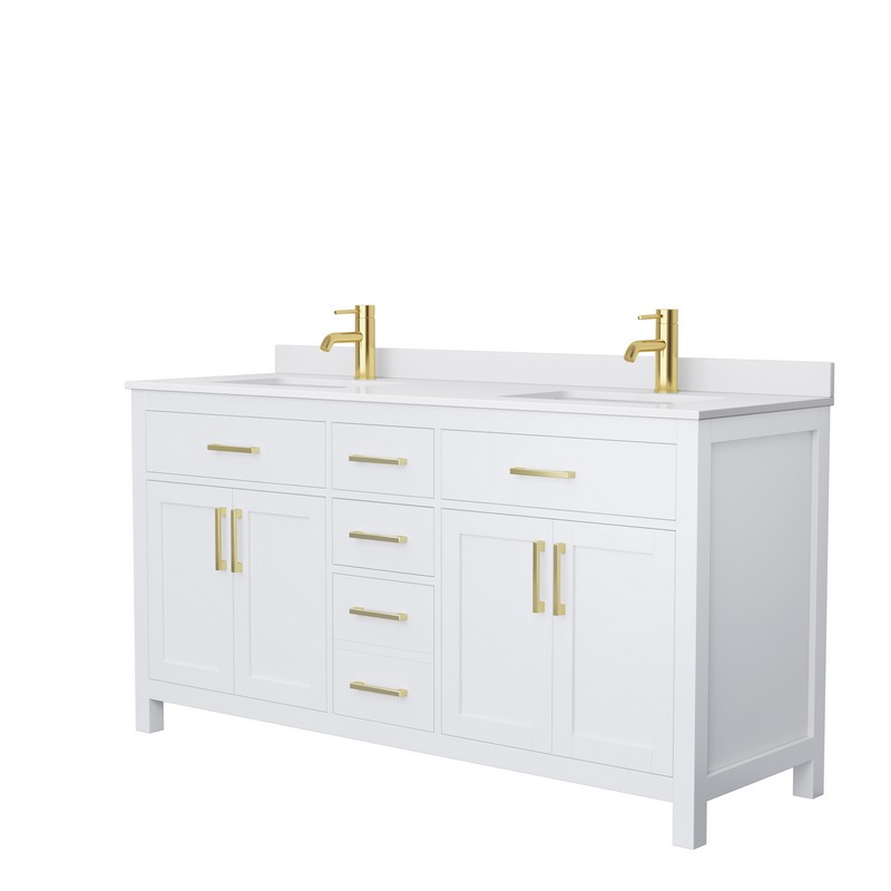 WYNDHAM COLLECTION WCG242466DWGWCUNSMXX BECKETT 66 INCH DOUBLE BATHROOM VANITY IN WHITE WITH WHITE CULTURED MARBLE COUNTERTOP, UNDERMOUNT SQUARE SINKS AND BRUSHED GOLD TRIM