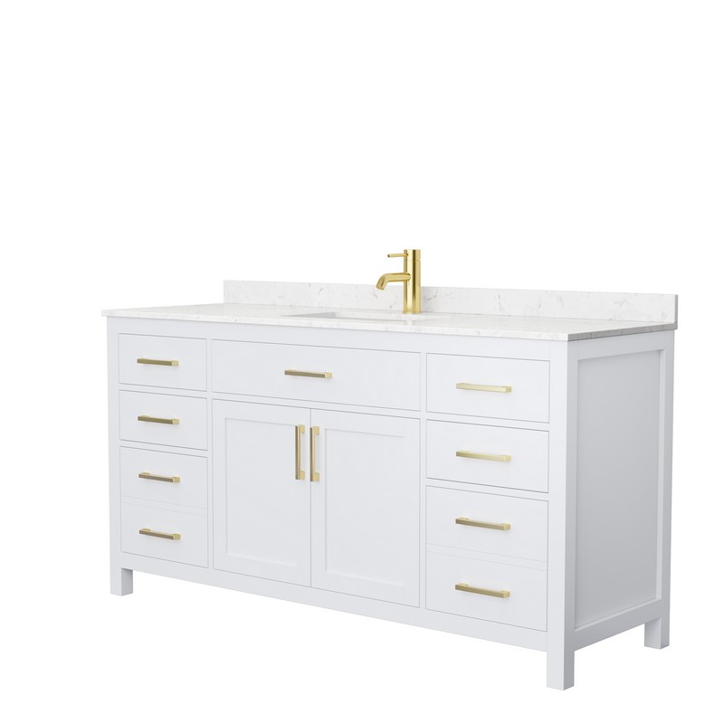 WYNDHAM COLLECTION WCG242466SWGCCUNSMXX BECKETT 66 INCH SINGLE BATHROOM VANITY IN WHITE WITH CARRARA CULTURED MARBLE COUNTERTOP, UNDERMOUNT SQUARE SINK AND BRUSHED GOLD TRIM
