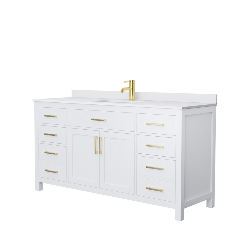 WYNDHAM COLLECTION WCG242466SWGWCUNSMXX BECKETT 66 INCH SINGLE BATHROOM VANITY IN WHITE WITH WHITE CULTURED MARBLE COUNTERTOP, UNDERMOUNT SQUARE SINK AND BRUSHED GOLD TRIM
