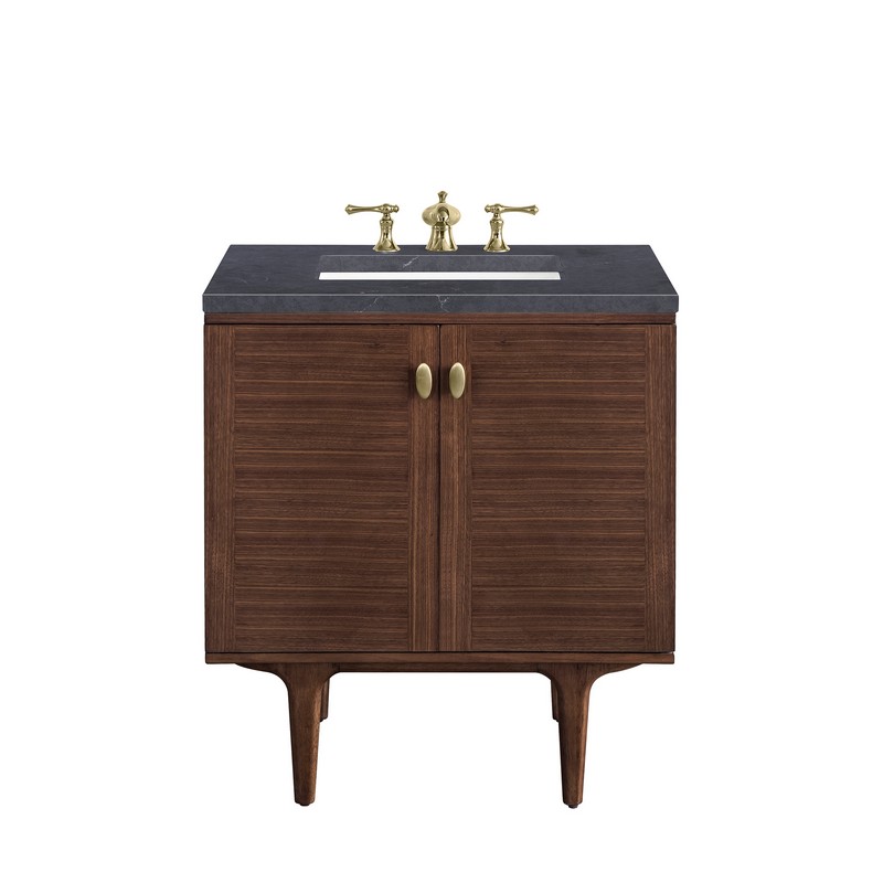 JAMES MARTIN 670-V30-WLT-3CSP AMBERLY 30 INCH MID-CENTURY WALNUT SINGLE SINK VANITY WITH 3 CM CHARCOAL SOAPSTONE TOP