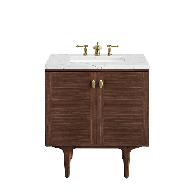 JAMES MARTIN 670-V30-WLT-3ENC AMBERLY 30 INCH MID-CENTURY WALNUT SINGLE SINK VANITY WITH 3 CM ETHEREAL NOCTIS TOP