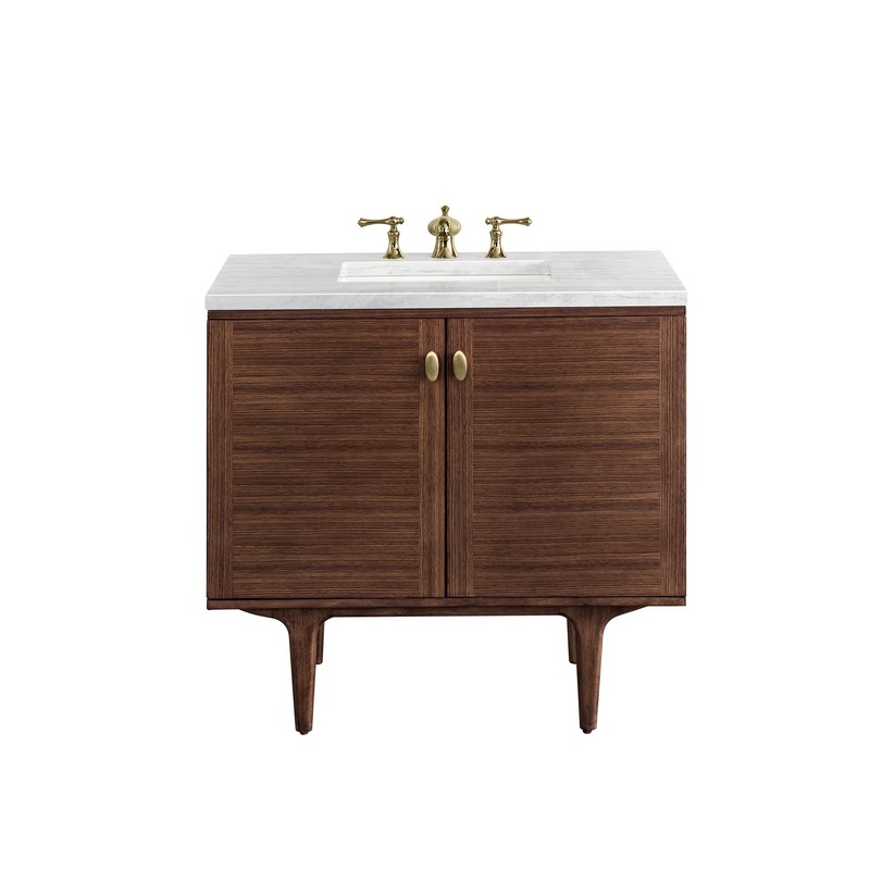 JAMES MARTIN 670-V36-WLT-3AF AMBERLY 36 INCH MID-CENTURY WALNUT SINGLE SINK VANITY WITH 3 CM ARCTIC FALL TOP