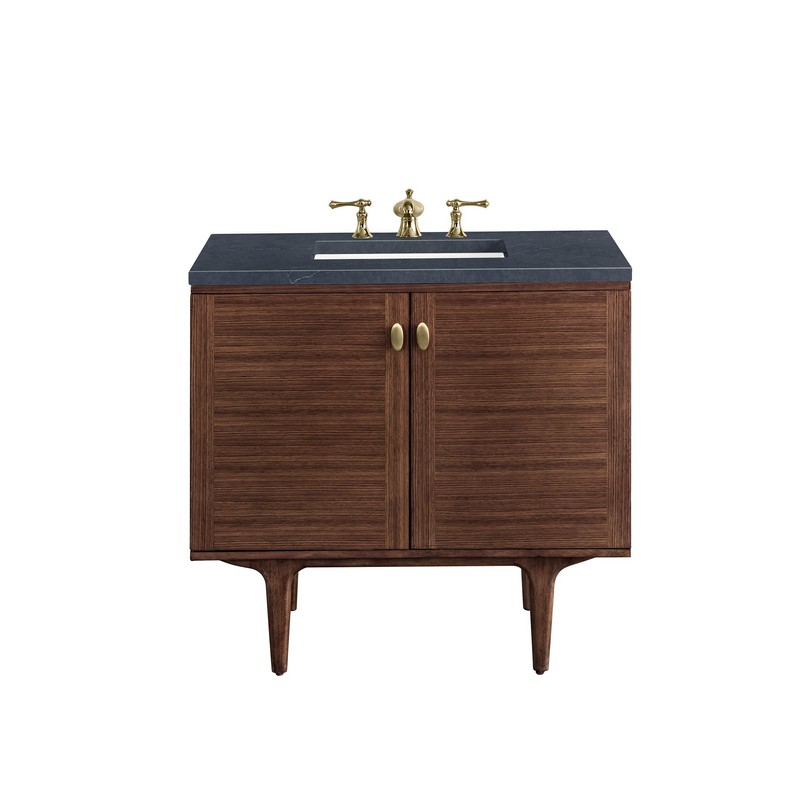 JAMES MARTIN 670-V36-WLT-3CSP AMBERLY 36 INCH MID-CENTURY WALNUT SINGLE SINK VANITY WITH 3 CM CHARCOAL SOAPSTONE TOP