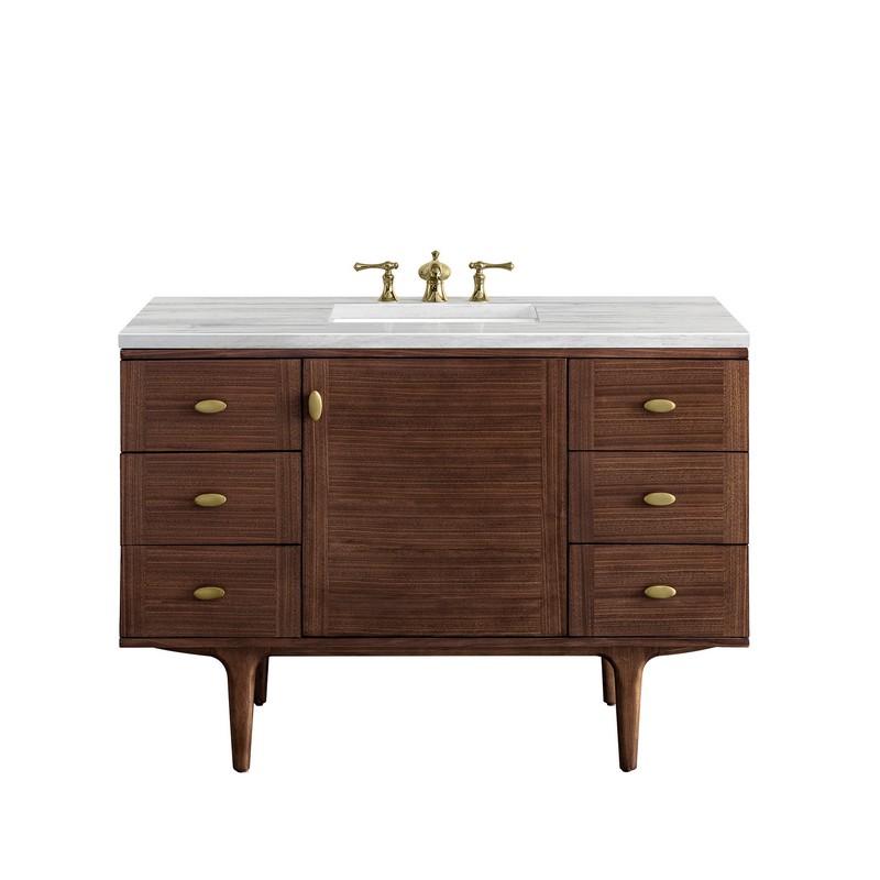 JAMES MARTIN 670-V48-WLT-3AF AMBERLY 48 INCH MID-CENTURY WALNUT SINGLE SINK VANITY WITH 3 CM ARCTIC FALL TOP