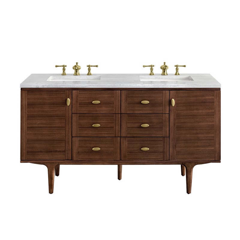 JAMES MARTIN 670-V60D-WLT-3AF AMBERLY 60 INCH MID-CENTURY WALNUT DOUBLE SINK VANITY WITH 3 CM ARCTIC FALL TOP