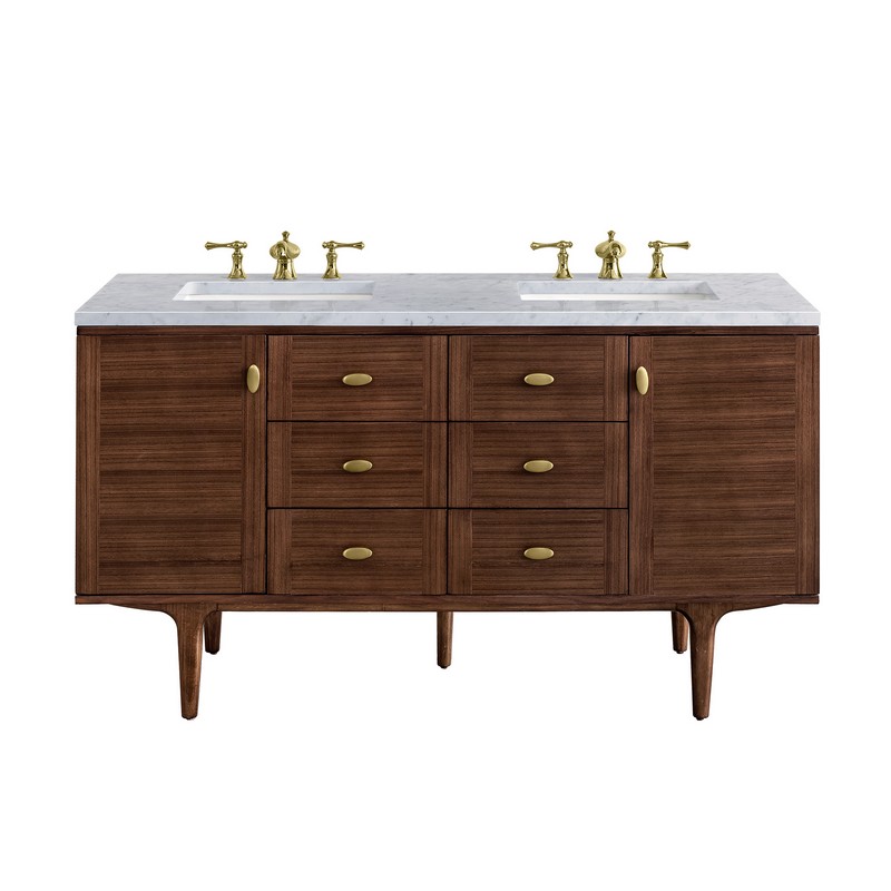JAMES MARTIN 670-V60D-WLT-3CAR AMBERLY 60 INCH MID-CENTURY WALNUT DOUBLE SINK VANITY WITH 3 CM CARRARA MARBLE TOP
