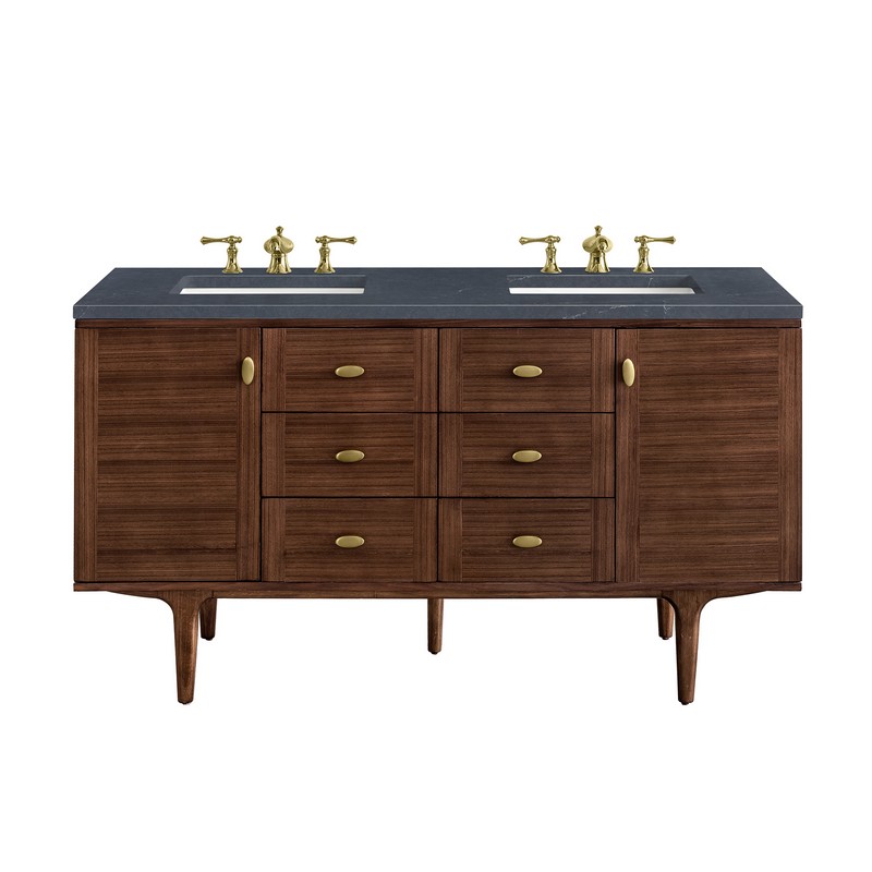 JAMES MARTIN 670-V60D-WLT-3CSP AMBERLY 60 INCH MID-CENTURY WALNUT DOUBLE SINK VANITY WITH 3 CM CHARCOAL SOAPSTONE TOP