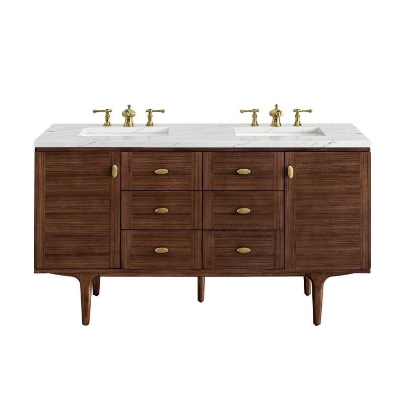 JAMES MARTIN 670-V60D-WLT-3ENC AMBERLY 60 INCH MID-CENTURY WALNUT DOUBLE SINK VANITY WITH 3 CM ETHEREAL NOCTIS TOP
