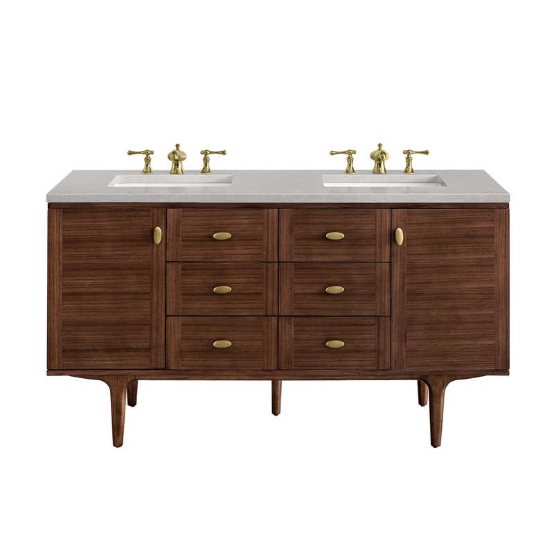 JAMES MARTIN 670-V60D-WLT-3ESR AMBERLY 60 INCH MID-CENTURY WALNUT DOUBLE SINK VANITY WITH 3 CM ETERNAL SERENA TOP