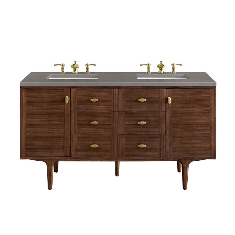 JAMES MARTIN 670-V60D-WLT-3GEX AMBERLY 60 INCH MID-CENTURY WALNUT DOUBLE SINK VANITY WITH 3 CM GREY EXPO TOP