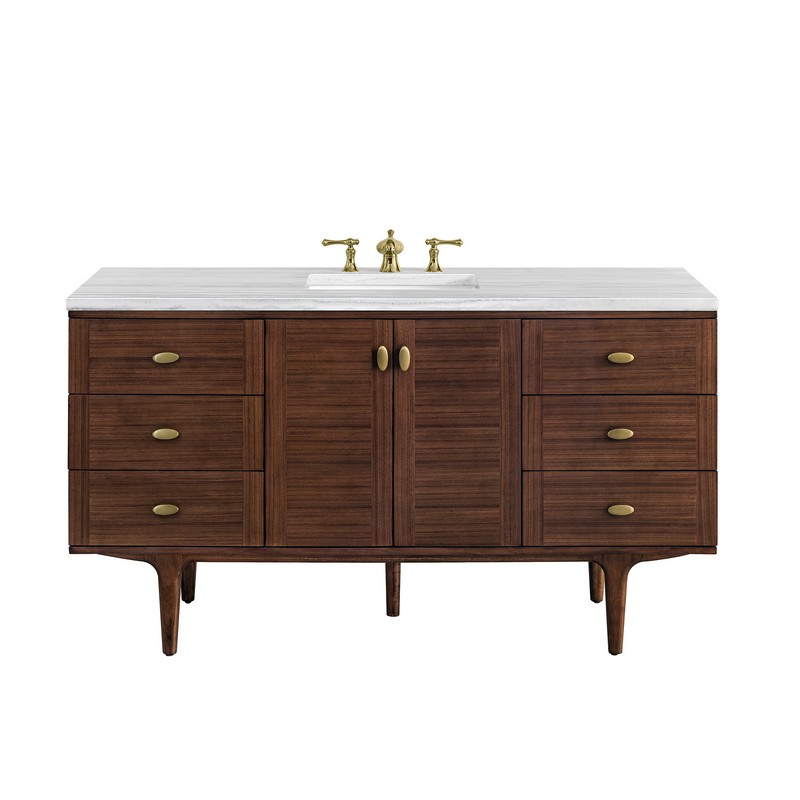JAMES MARTIN 670-V60S-WLT-3AF AMBERLY 60 INCH MID-CENTURY WALNUT SINGLE SINK VANITY WITH 3 CM ARCTIC FALL TOP