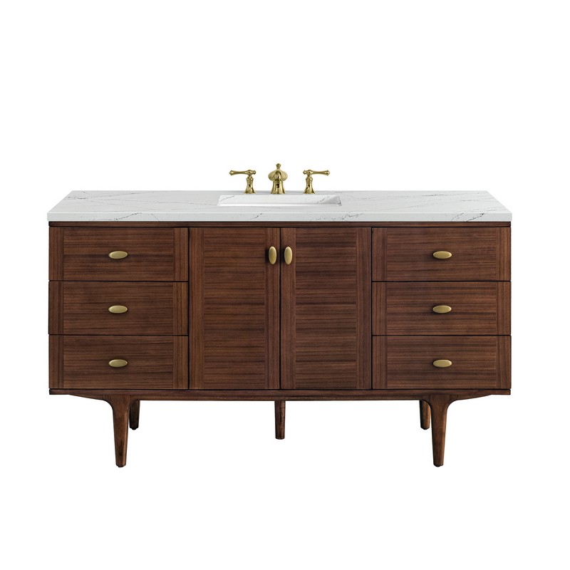 JAMES MARTIN 670-V60S-WLT-3ENC AMBERLY 60 INCH MID-CENTURY WALNUT SINGLE SINK VANITY WITH 3 CM ETHEREAL NOCTIS TOP