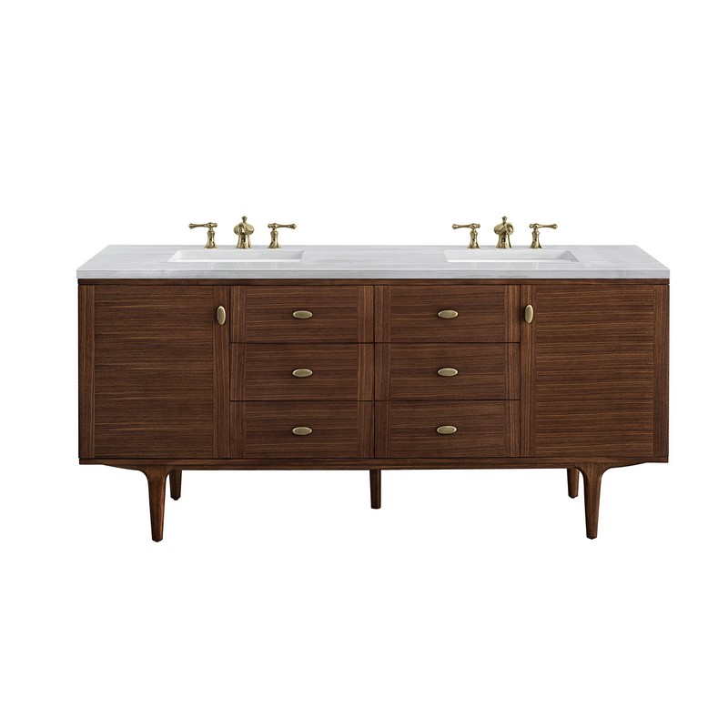 JAMES MARTIN 670-V72-WLT-3AF AMBERLY 72 INCH MID-CENTURY WALNUT DOUBLE SINK VANITY WITH 3 CM ARCTIC FALL TOP