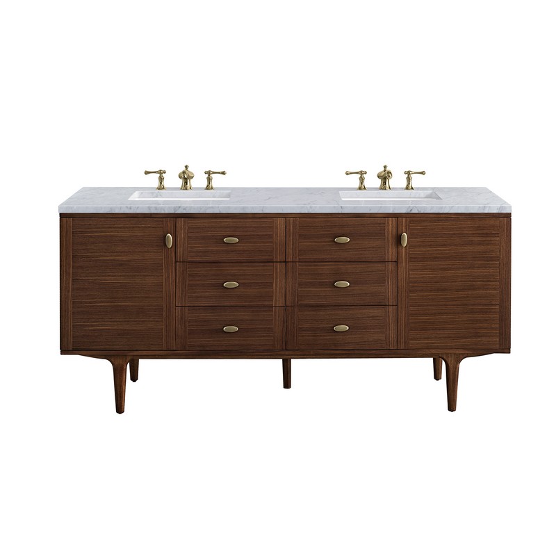 JAMES MARTIN 670-V72-WLT-3CAR AMBERLY 72 INCH MID-CENTURY WALNUT DOUBLE SINK VANITY WITH 3 CM CARRARA MARBLE TOP