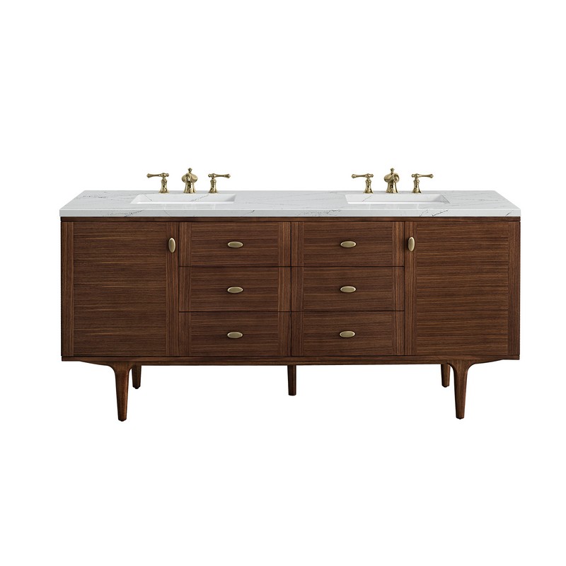 JAMES MARTIN 670-V72-WLT-3ENC AMBERLY 72 INCH MID-CENTURY WALNUT DOUBLE SINK VANITY WITH 3 CM ETHEREAL NOCTIS TOP