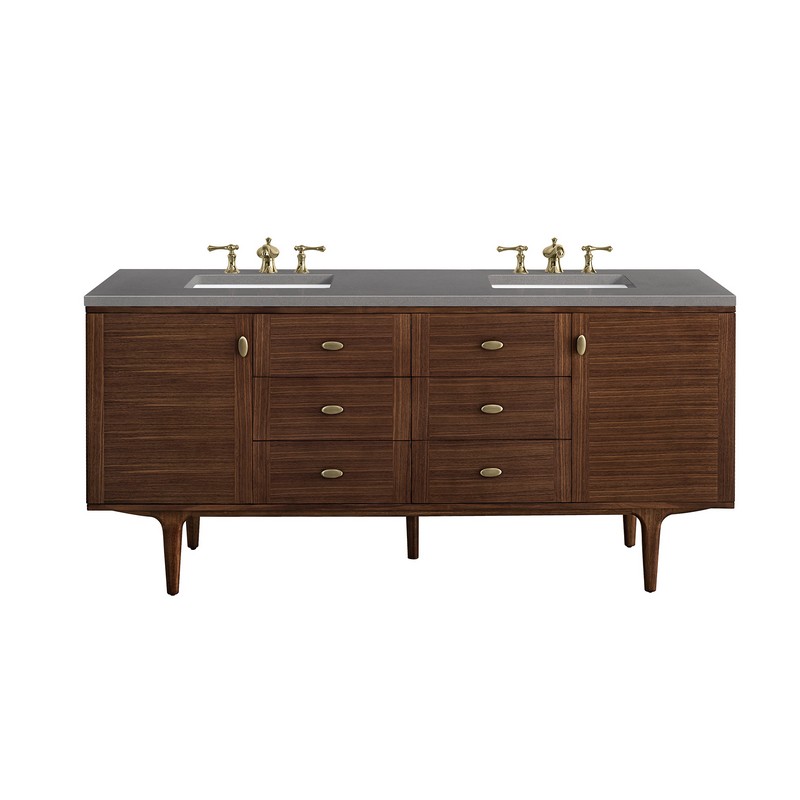JAMES MARTIN 670-V72-WLT-3GEX AMBERLY 72 INCH MID-CENTURY WALNUT DOUBLE SINK VANITY WITH 3 CM GREY EXPO TOP