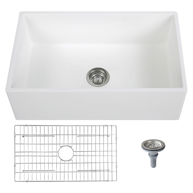 STREAMLINE K-1830-KS-30 30 INCH REVERSIBLE MATERIAL SOLID SURFACE RESIN KITCHEN SINK WITH STAINLESS STEEL GRID AND STRAINER