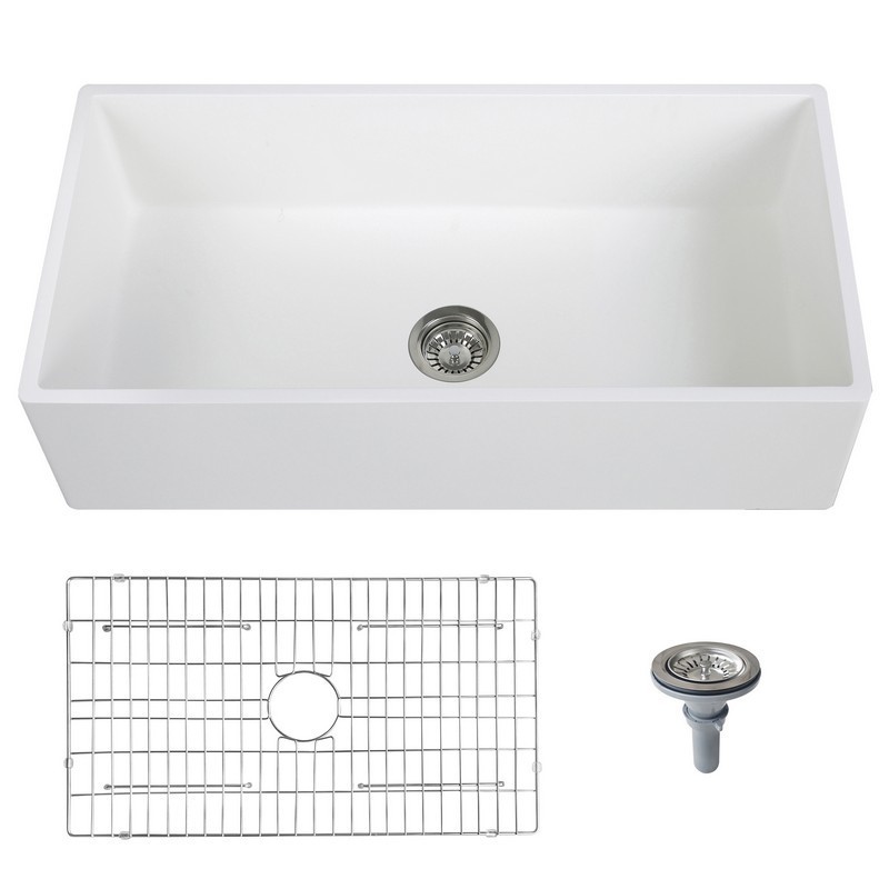 STREAMLINE K-1836-KS-36 36 INCH REVERSIBLE MATERIAL SOLID SURFACE RESIN KITCHEN SINK WITH STAINLESS STEEL GRID AND STRAINER