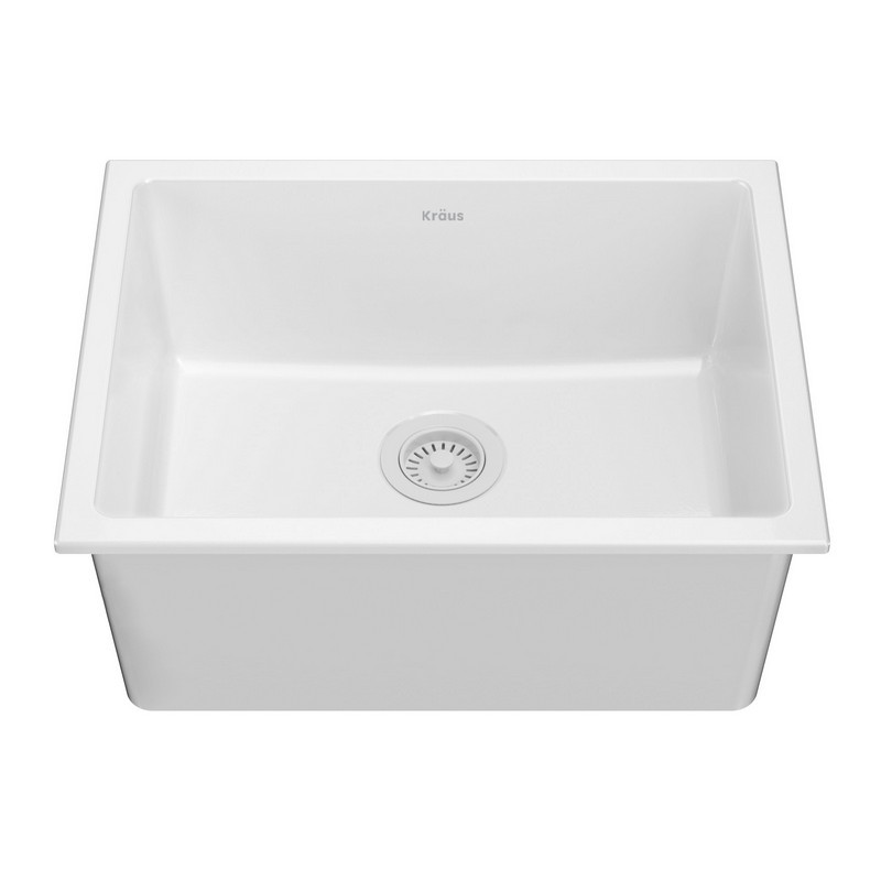 KRAUS KFD1-24GWH TURINO 24 INCH DROP-IN UNDERMOUNT FIRECLAY SINGLE BOWL KITCHEN SINK WITH THICK MOUNTING DECK IN GLOSS WHITE