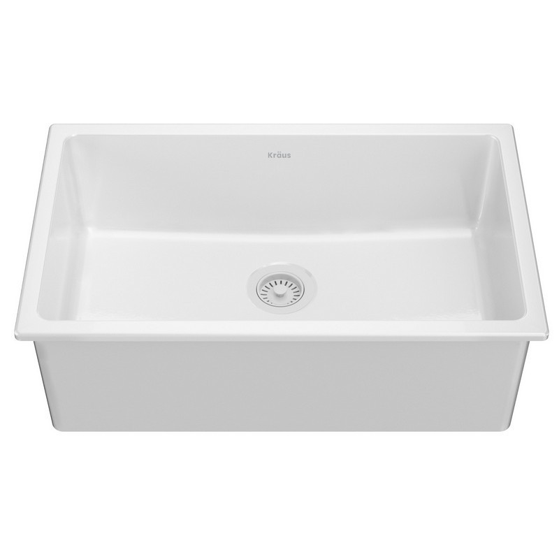 KRAUS KFD1-30GWH TURINO 30 INCH DROP-IN UNDERMOUNT FIRECLAY SINGLE BOWL KITCHEN SINK WITH THICK MOUNTING DECK IN GLOSS WHITE