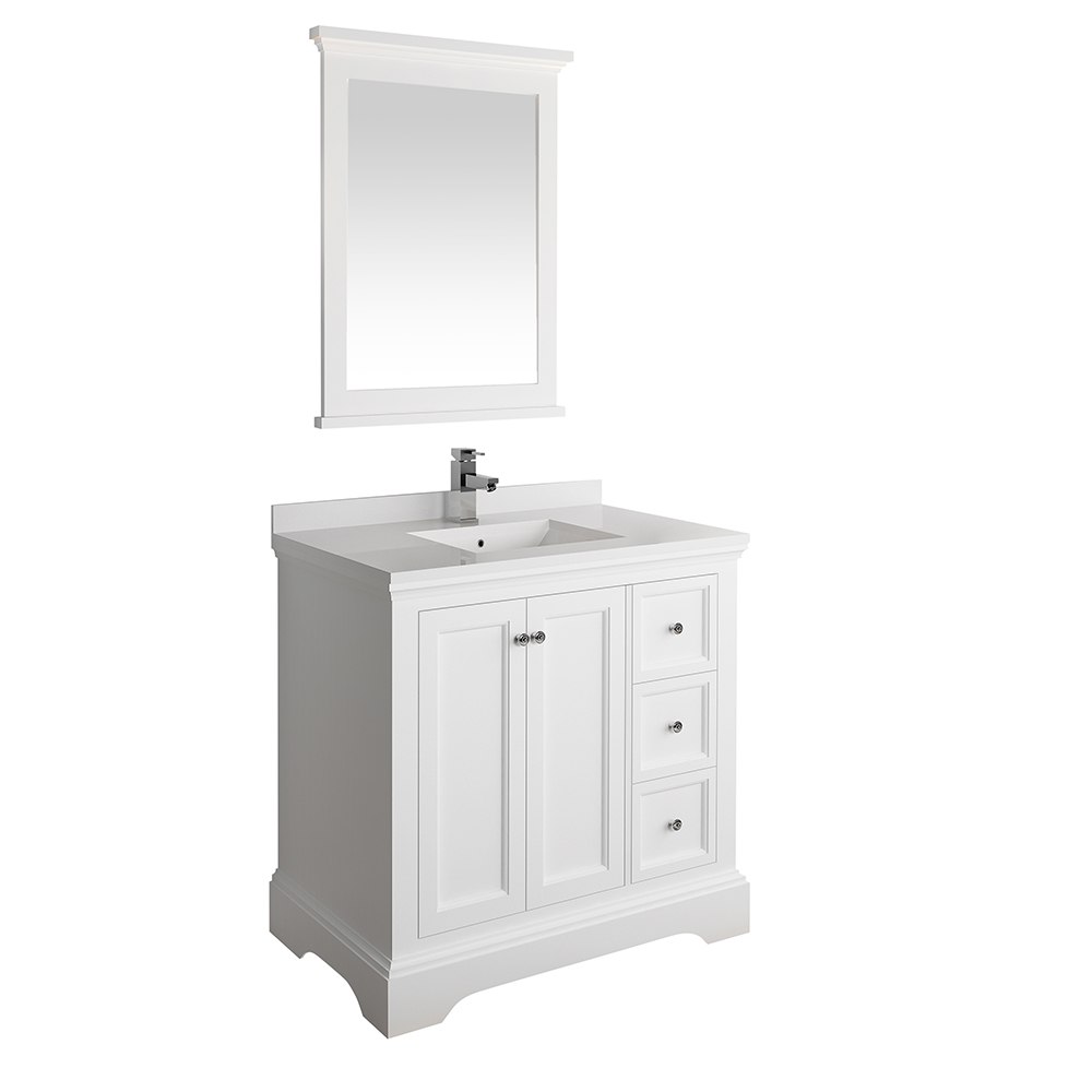 FRESCA FVN2436WHM WINDSOR 36 INCH MATTE WHITE TRADITIONAL BATHROOM VANITY WITH MIRROR