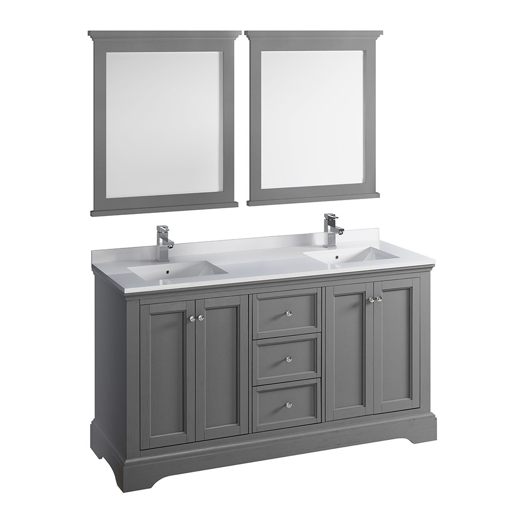 FRESCA FVN2460GRV WINDSOR 60 INCH GRAY TEXTURED TRADITIONAL DOUBLE SINK BATHROOM VANITY WITH MIRRORS