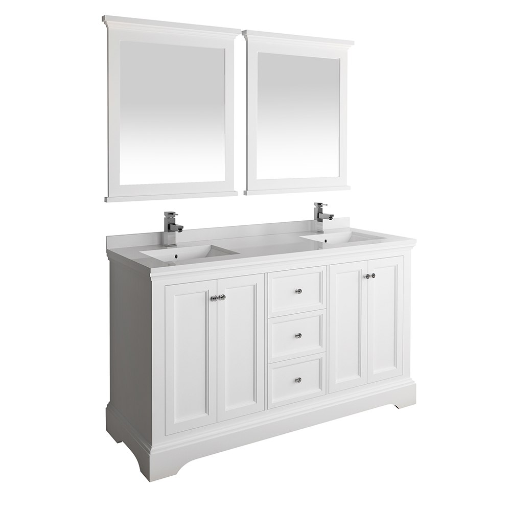 FRESCA FVN2460WHM WINDSOR 60 INCH MATTE WHITE TRADITIONAL DOUBLE SINK BATHROOM VANITY WITH MIRRORS