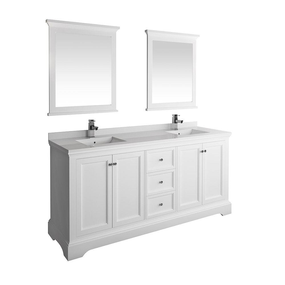 FRESCA FVN2472WHM WINDSOR 72 INCH MATTE WHITE TRADITIONAL DOUBLE SINK BATHROOM VANITY WITH MIRRORS