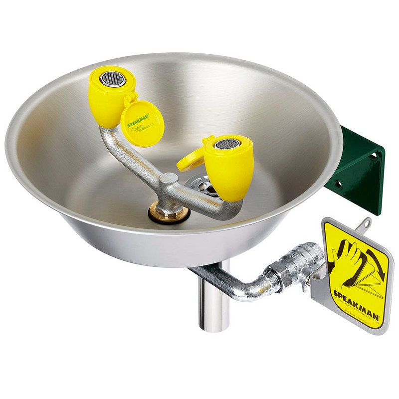 SPEAKMAN SE-582-STW TRADITIONAL SERIES 14 7/8 INCH WALL MOUNTED EYEWASH WITH STAINLESS STEEL BOWL AND THERMOSTATIC MIXING VALVE - CHROME & YELLOW