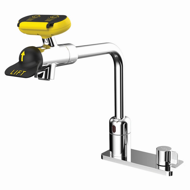 SPEAKMAN SEF-18107-8-TMV EYESAVER 11 1/8 INCH BATTERY POWERED SENSOR EYEWASH FAUCET WITH 8 INCH SPOUT, MANUAL OVERRIDE AND THERMOSTATIC MIXING VALVE - CHROME & YELLOW